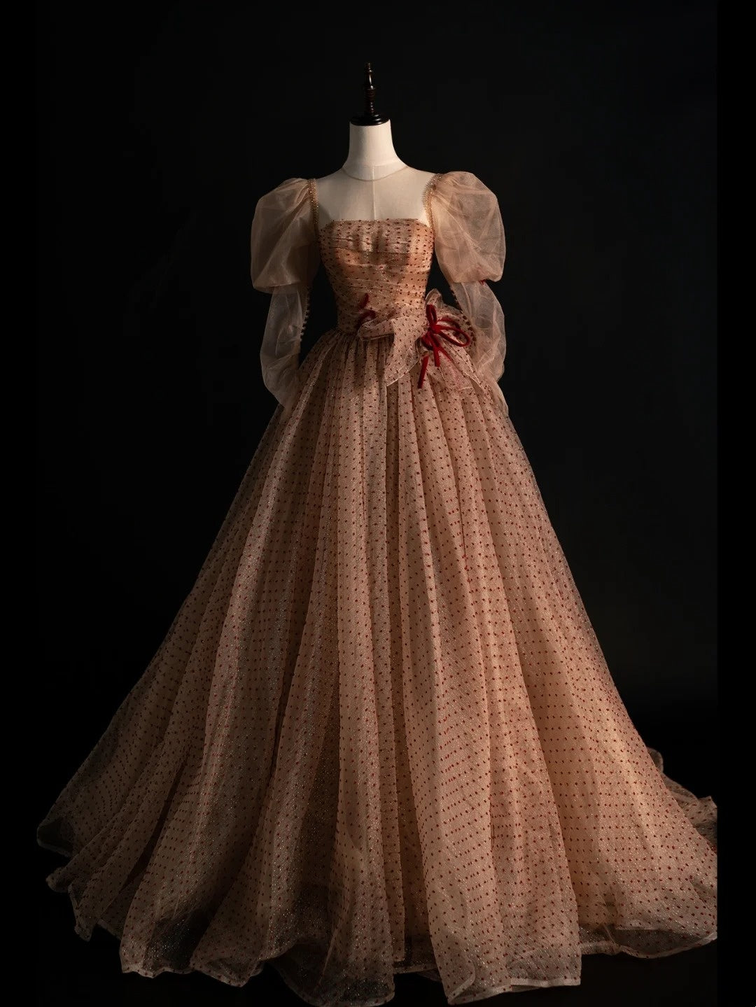 Retro Ball Gown Polka Dots Tulle With Long Sleeves Party Dresses Prom Dresses Impress Senior Formal Dance Dress N950