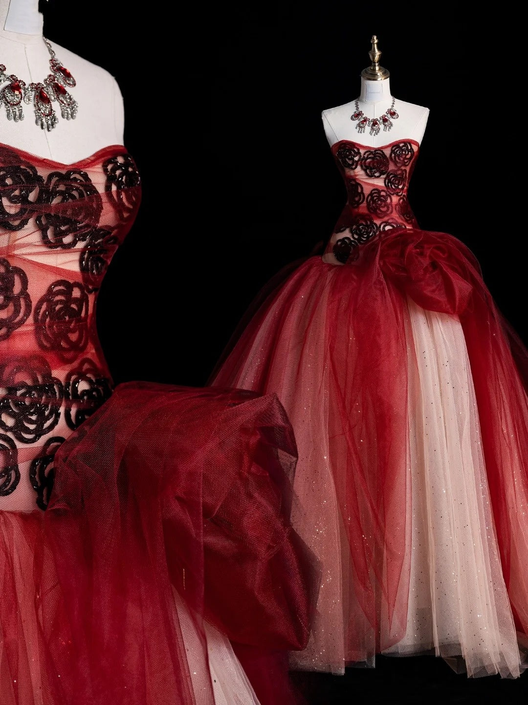Elegantes, rotes Tüll-Abendkleid mit Herzausschnitt, langes Ballkleid, Partykleid zum 16. Geburtstag, Abschlusskleid N931