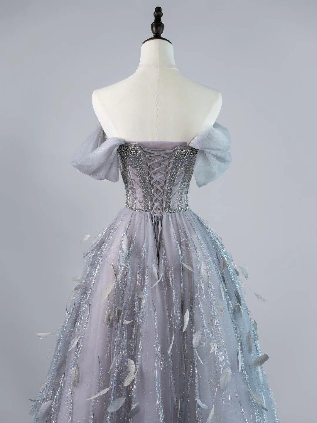 Robe de bal sexy à épaules dénudées en tulle gris argenté avec manches longues, tenue de soirée, robe de cérémonie N953