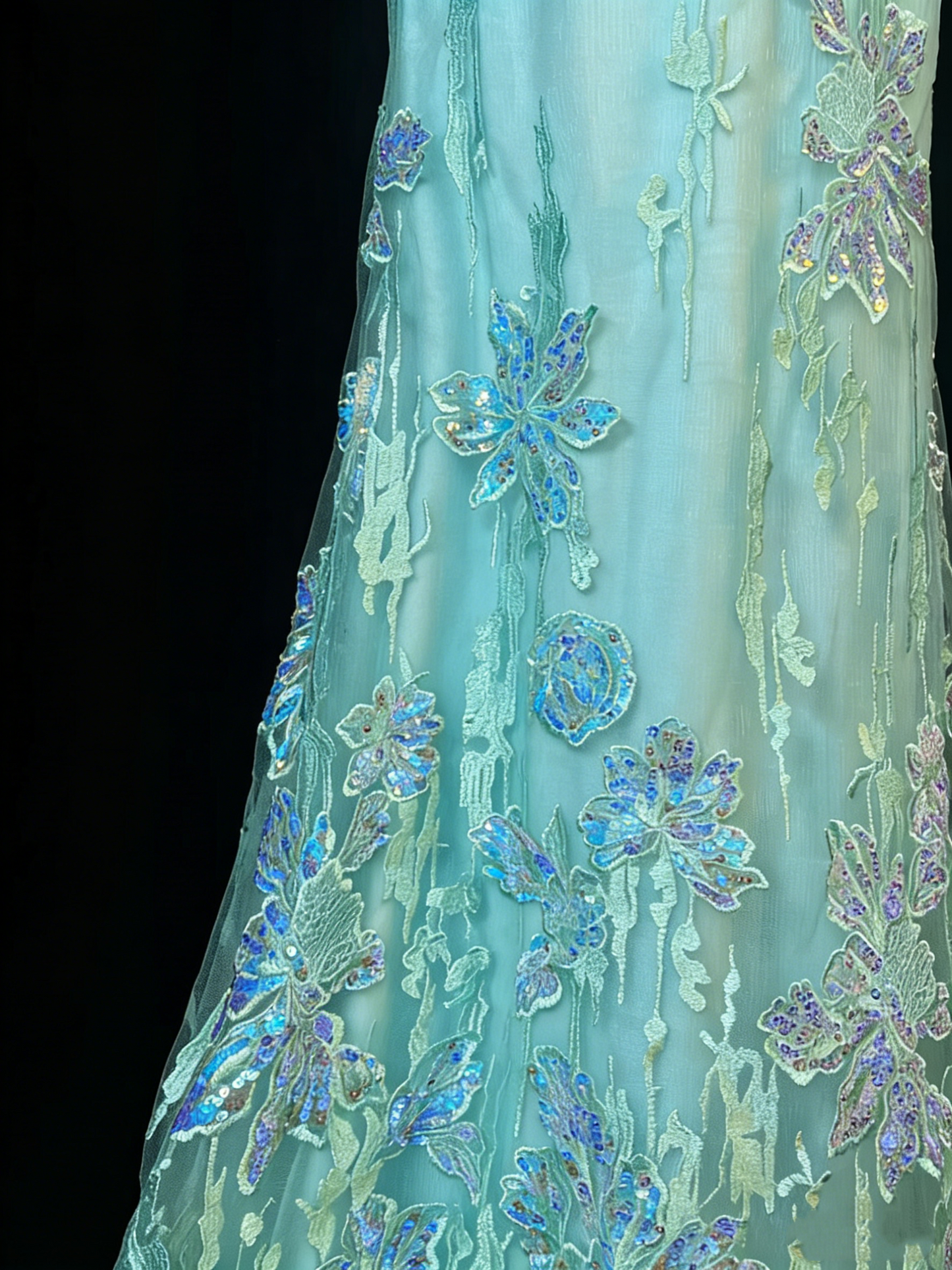 Robe de bal longue sirène unique à fines bretelles en dentelle bleue et tulle, style années 50, idéale pour une soirée ou un 18e anniversaire (N976)