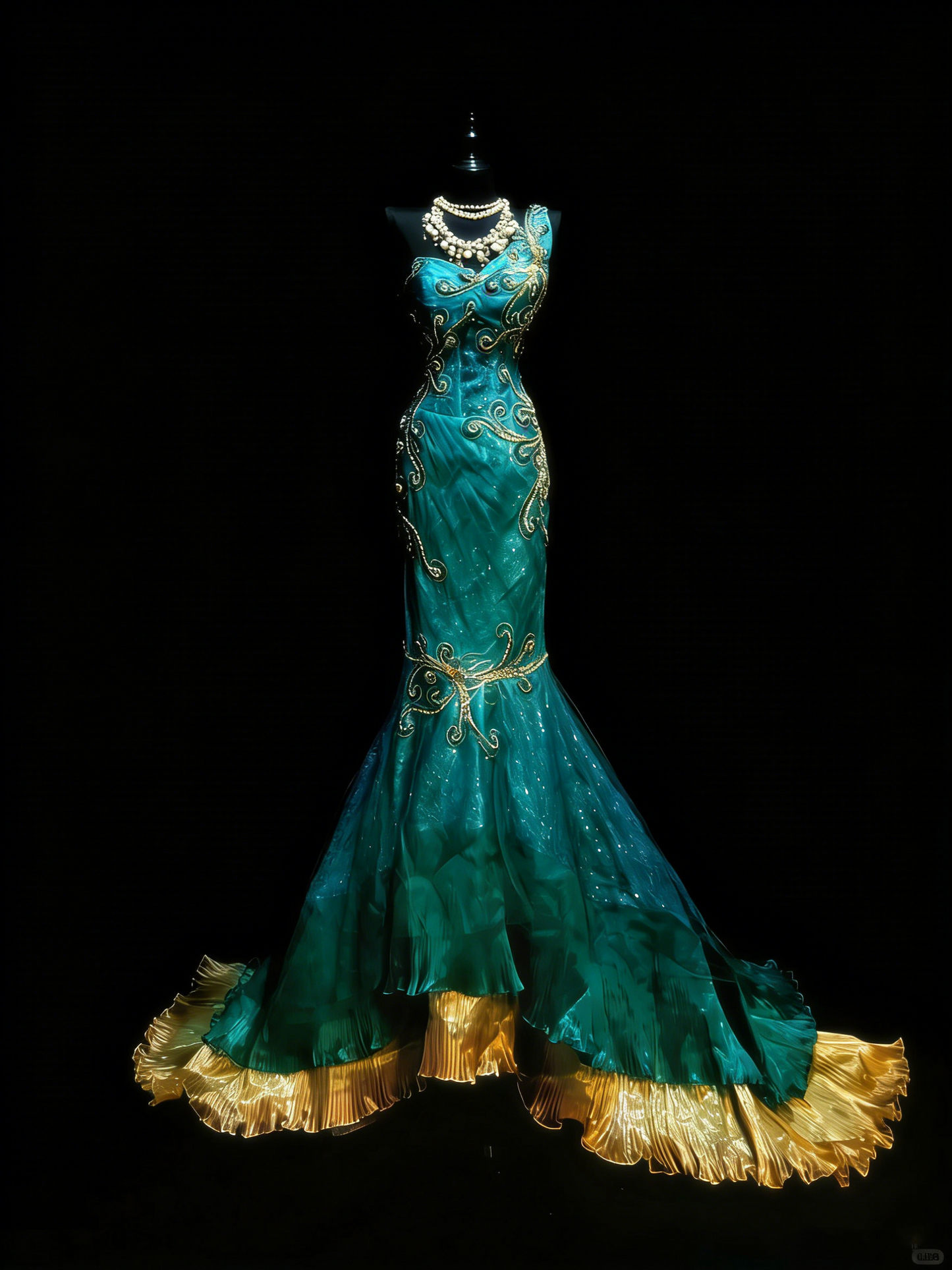 Robe de bal longue sirène asymétrique à volants dorés et perles, style princesse, référence N979