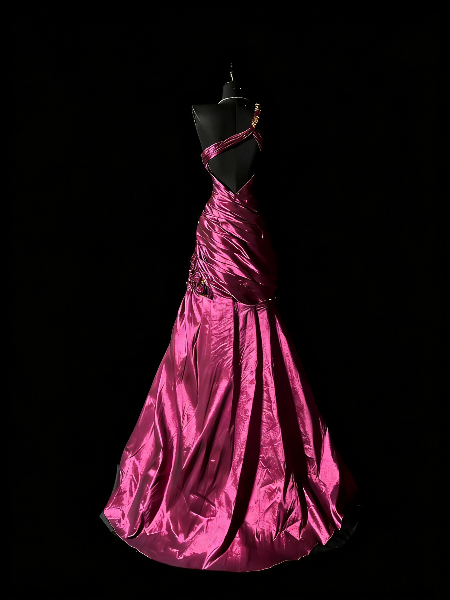 Robe de bal longue en satin fuchsia à une épaule, dos nu et style sirène, N983