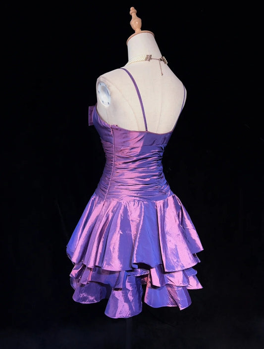Vintage Ballkleid Spaghettiträger Taft Lila Y2K 2000er Kurzes Mini-Partykleid Abschlussballkleid N3197