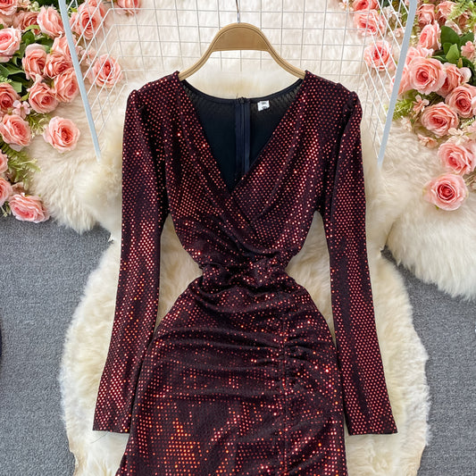 Süßes V-Ausschnitt Pailletten Langarm Kleid Modekleid RF0365