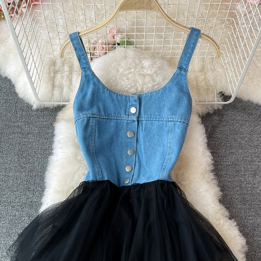 Schönes Denim-Patchwork-Kleid in A-Linie, modisches Kleid RF0363