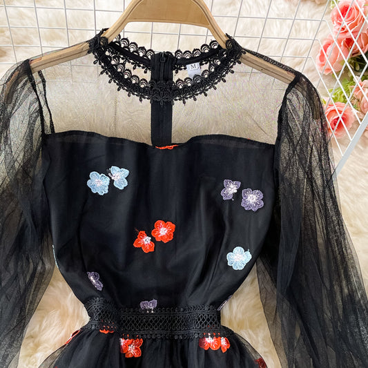 Schwarzes Langarmkleid aus Spitzentüll, modisches Kleid RF0362