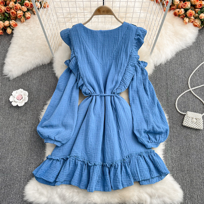 Robe bleue à manches longues et col en V, robe tendance RF0231