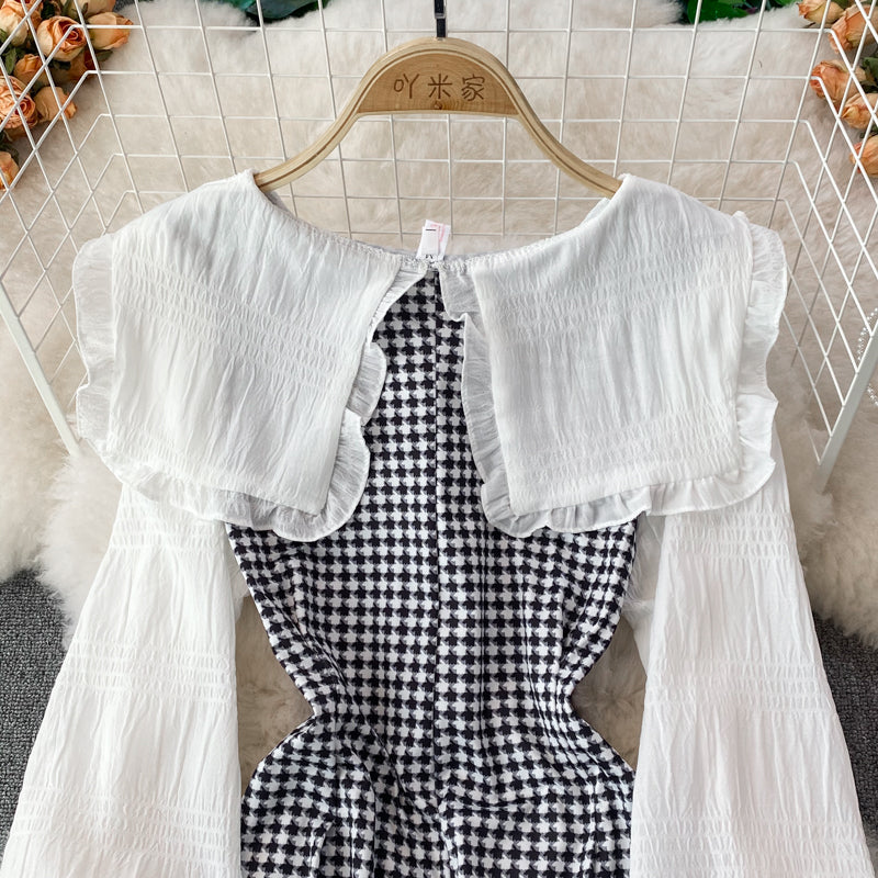 Robe trapèze à manches longues et motif pied-de-poule, RF0185