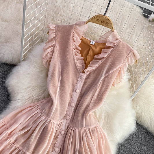 Rosa V-Ausschnitt Tüll Kurzes Kleid Modekleid RF0058