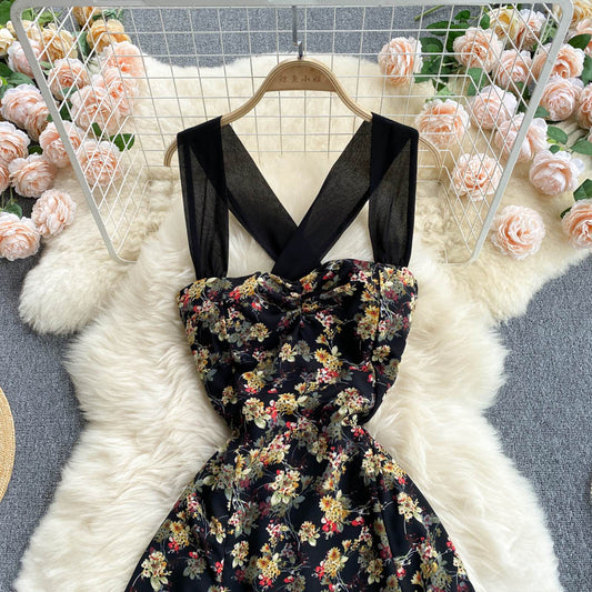 Schwarzes A-Linien-Blumenkleid, modisches Kleid, BF0029