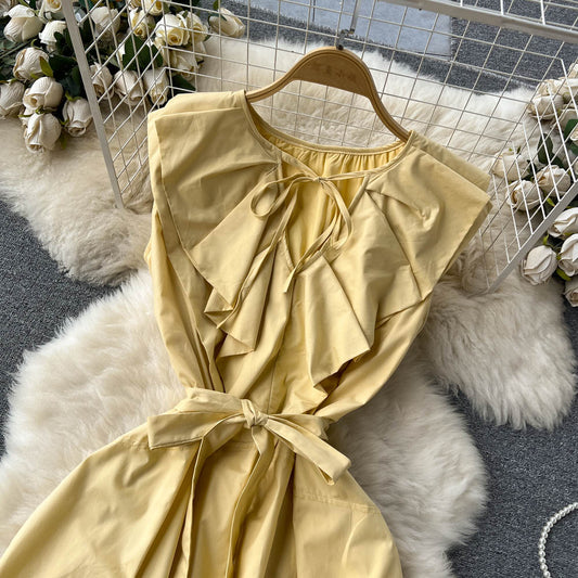 Süßes A-Linien-Kurzarmkleid, gelbes Modekleid RF0013