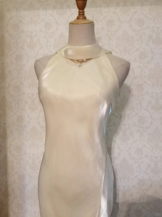 Vintage Mermaid High Neck 1950s Ivory Event Birthday Dress Sleeveless Evening Prom Formal Dresses RB3210
