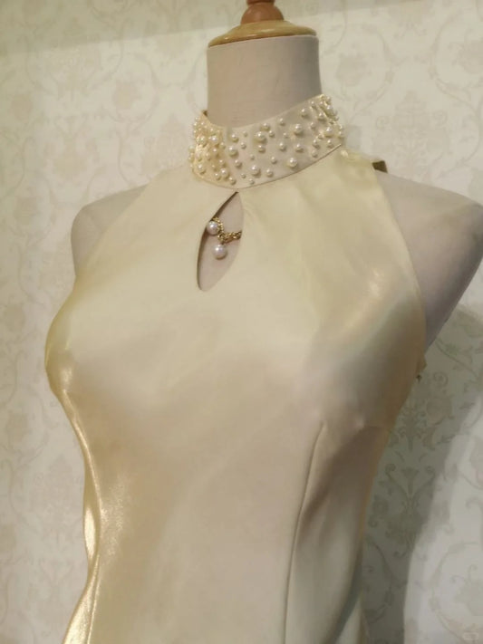 Vintage Mermaid High Neck Yellow Event Birthday Dress Sleeveless Evening Prom Formal Dresses RB3207