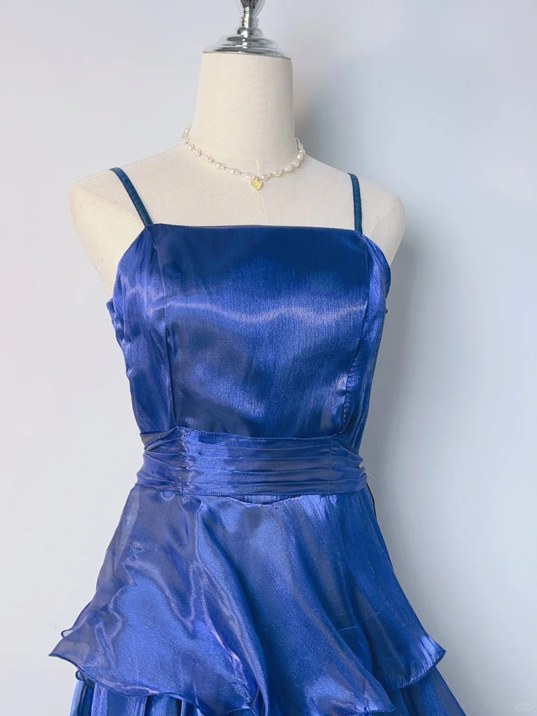 Vintage A-Linie Spaghettiträger Königsblau Lang Mit Rüschenlagen Ballkleider Formelle Outfits RB3899