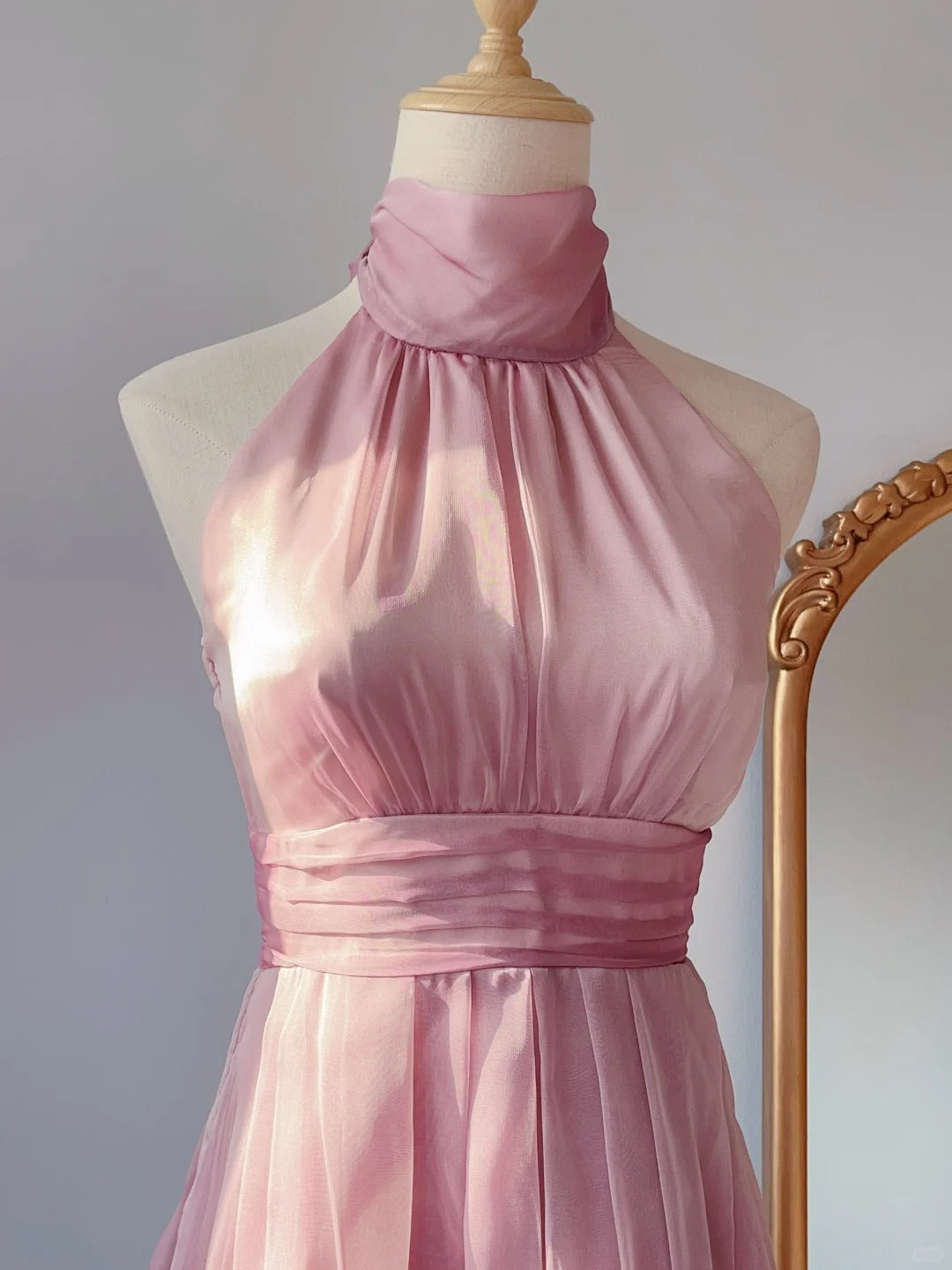 Robe courte vintage trapèze rose en mousseline avec licou, pour bal de promo ou rentrée des classes, style esthétique, RB4268