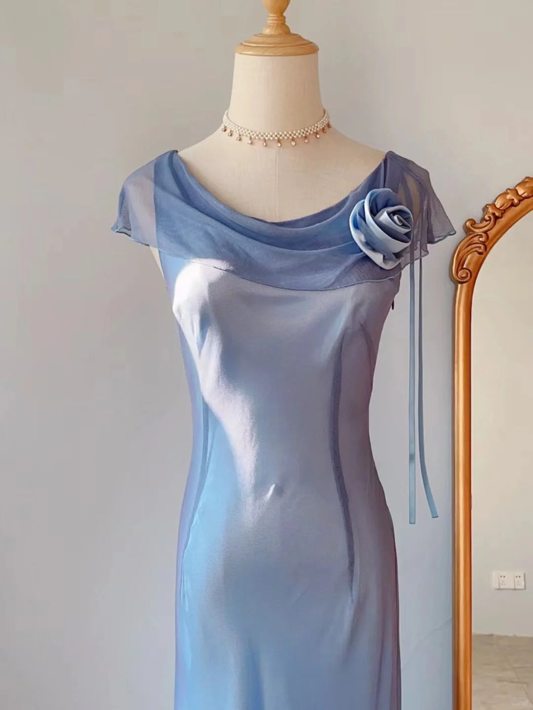 Vintage Etui-Kleid mit Wasserfallausschnitt, blau, teelang, Chiffon, Ballkleider, festliche Outfits RB3897