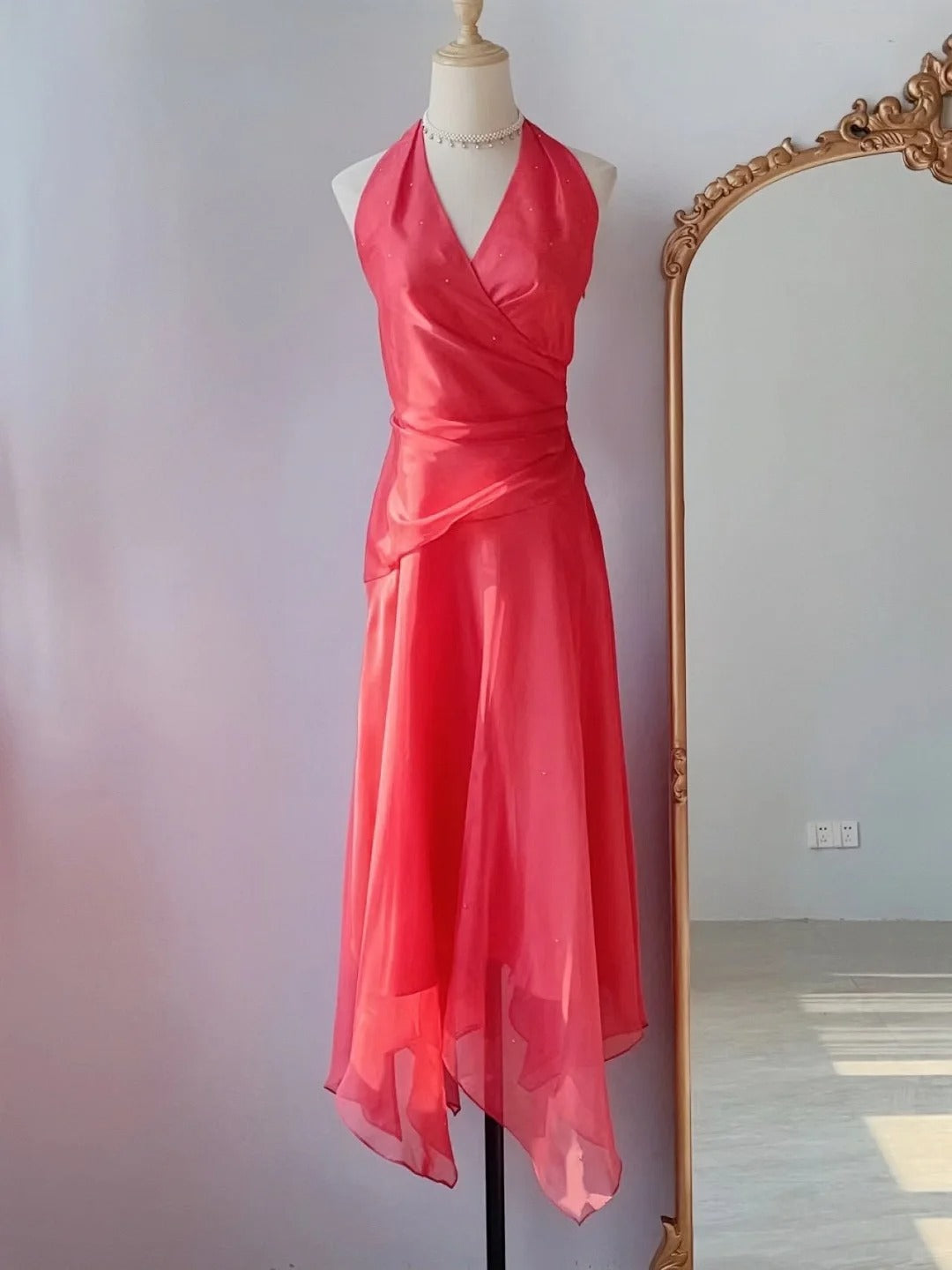 Vintage Prom Dresses 80s A line Halter Pink Chiffon With Ruffles Sleeveless Tea Length Evening Formal Outfits RB4259