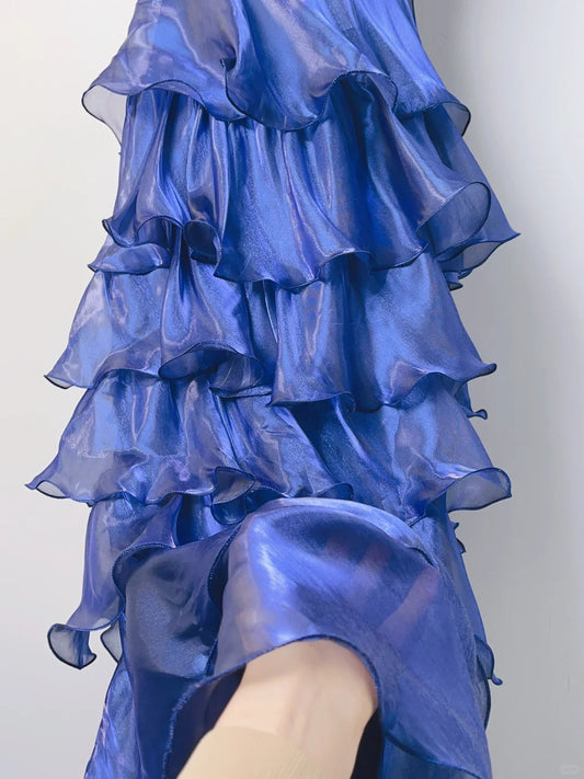 Vintage A line Spaghetti Strap Royal Blue Long With Ruffles Layers Prom Dresses Formal Outfits RB3899