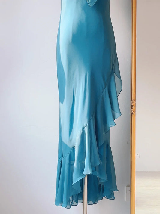 Vintage Abschlussballkleider Etui Ein Schulter Chiffon 80er Ärmellos Abendkleid Festliches Kleid RB3229