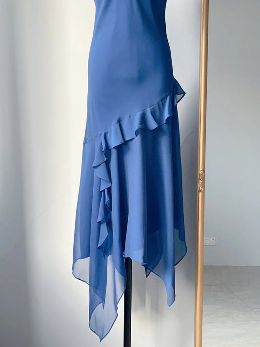 Vintage A line Spaghetti Strap Royal Blue Tea Length Chiffon Prom Dresses Formal Outfits RB3894