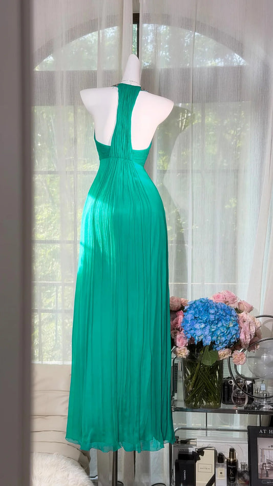 Classy A line Halter Blue Chiffon With Beads Sequin Long Prom Dresses Formal Outfits RB3888