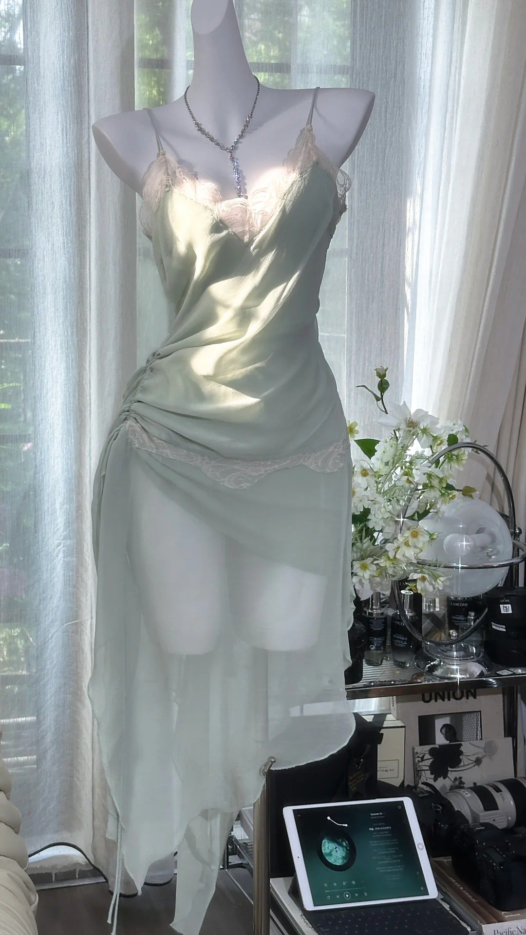 Charmantes Robes de Bal Sirène Bretelles Spaghetti Mousseline Longueur Thé Tenues de Soirée N3560