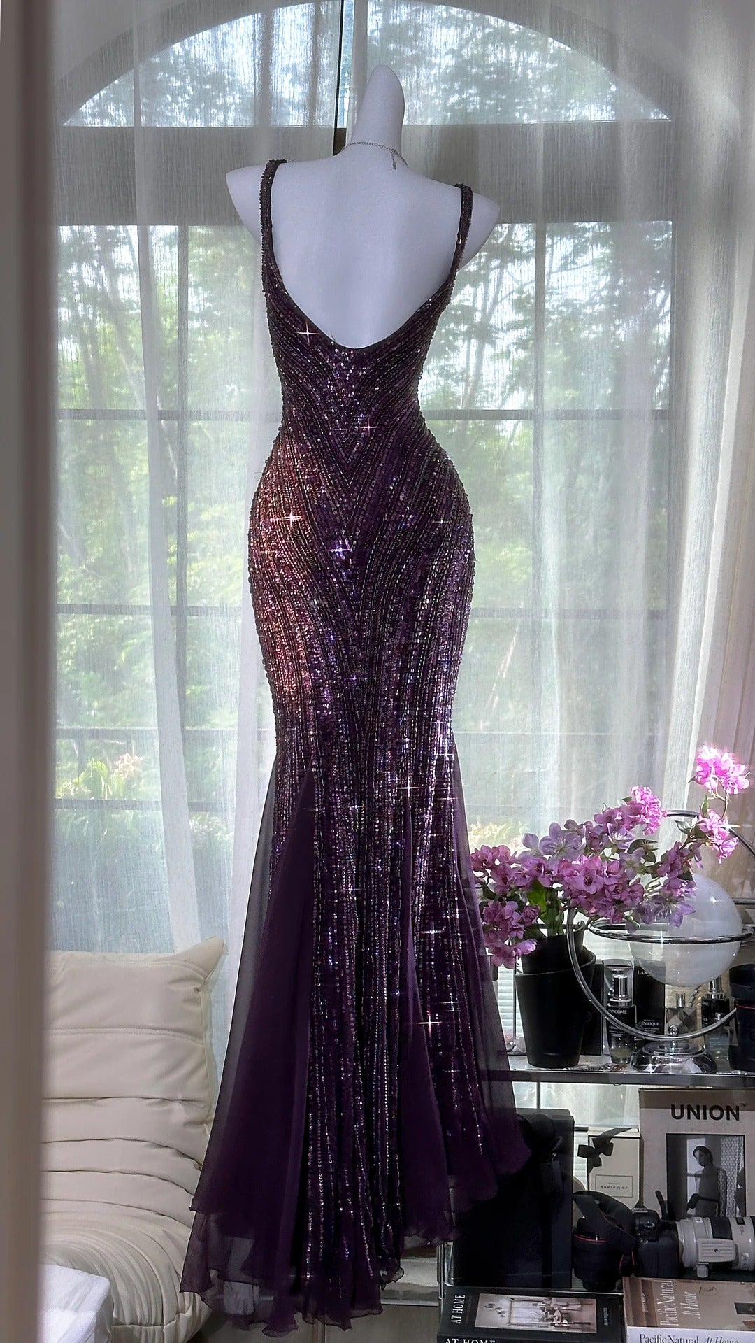 Bescheidene Ballkleider Meerjungfrau Sweetheart Lila mit Perlen Chiffon Ärmellose Abendgarderobe N3571