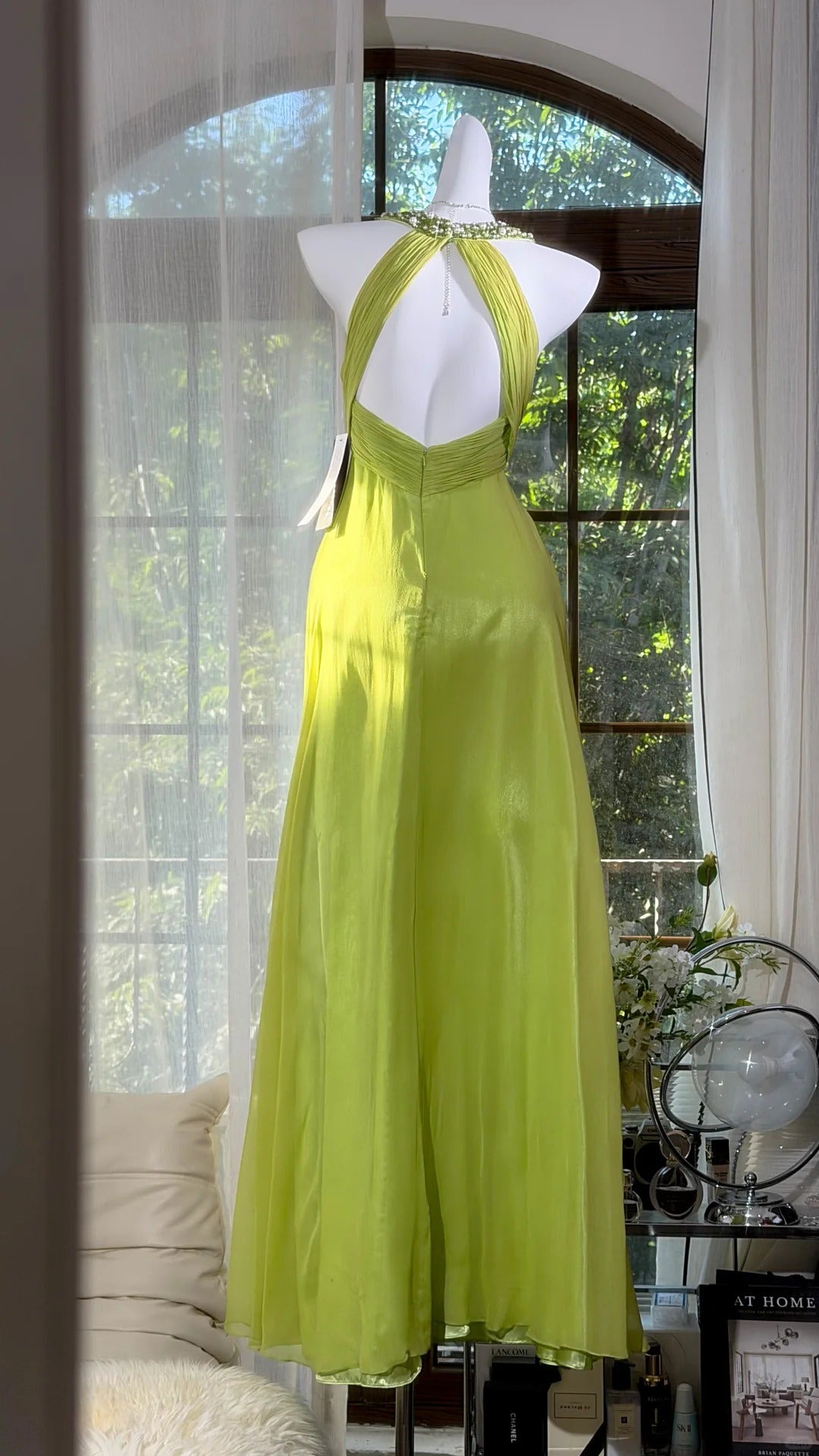 Robes de bal longues en mousseline jaune dos nu style sirène avec licou pour tenues de soirée Inspo RB4512