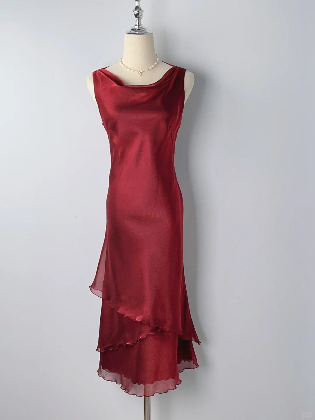 Vintage Etuikleid Rollkragen Weinrot mit Rüschen Chiffon Teelänge Abschlussballkleider Festliche Outfits RB3901