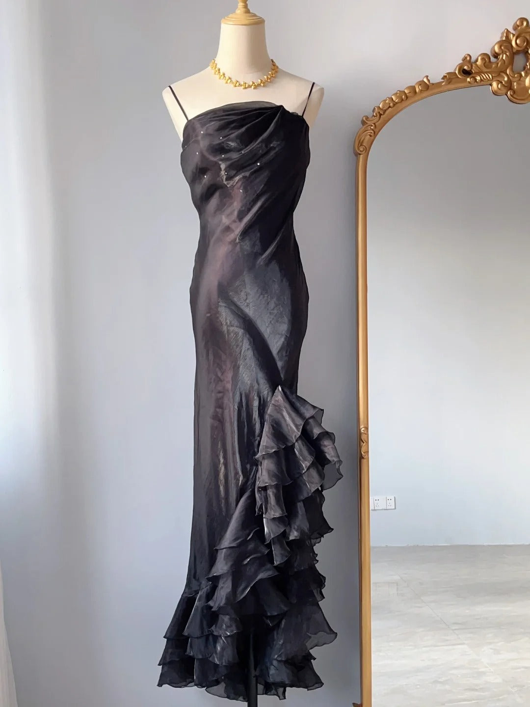 Vintage Mermaid Spaghetti Strap Black Tie 1950s Event Birthday Dress Long Prom Formal Dresses RB3225
