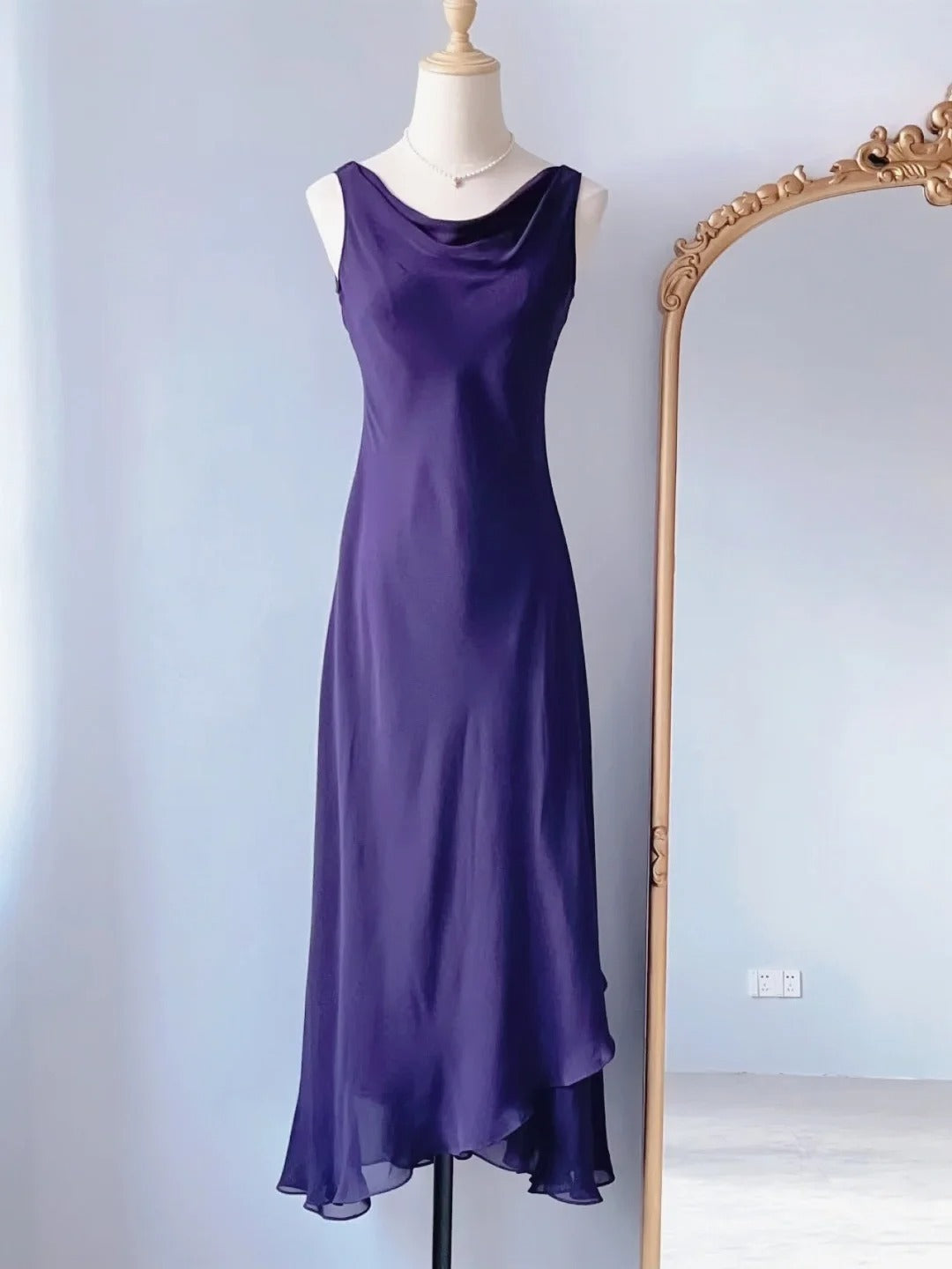 Vintage Abschlussballkleider 80er Jahre A-Linie Wasserfallausschnitt Traube Chiffon Ärmellos Teelänge Abendgarderobe RB4261