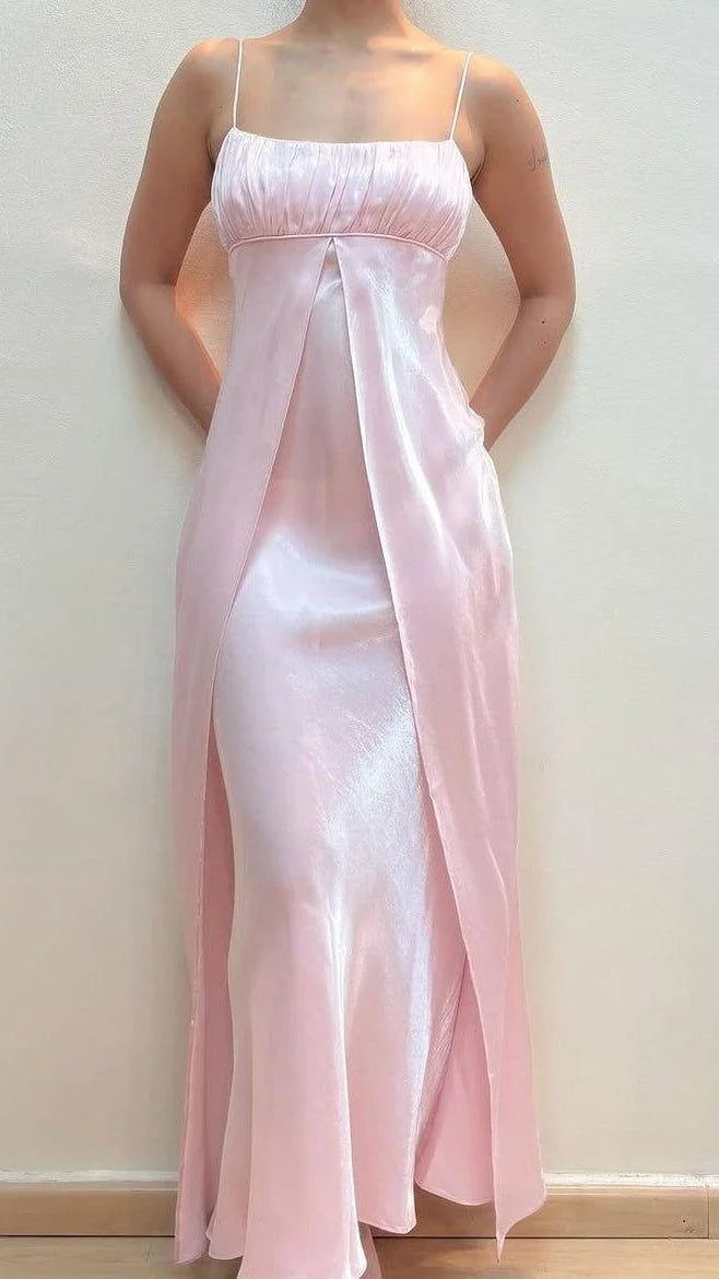 Robe longue rose vintage années 90, coupe trapèze, bretelles spaghetti, idéale pour les lycéennes, les adolescentes et les bals de fin d'année (N1657)