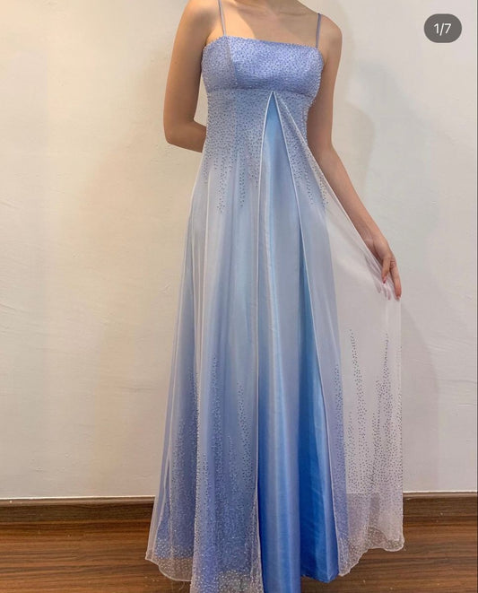 Vintage A-Linie Spaghettiträger Ombre Blau Mit Perlen Abendkleid Langes Ballkleid N2748