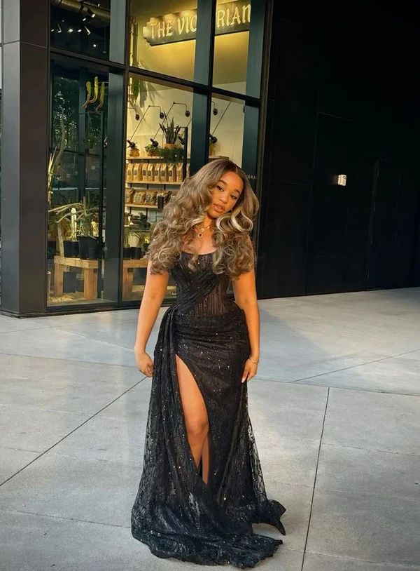 Sexy Mermaid Strapless Sequins Slit Side Black Long Prom Dresses Party Outfits Prom Gown AB126