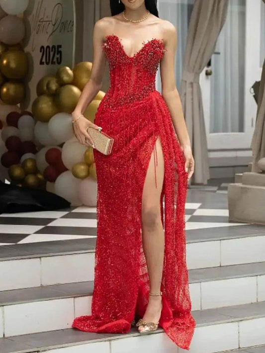 Red Strapless Beaded Fringe Waist Sequin Prom Dress with High Slit For Women AB1546