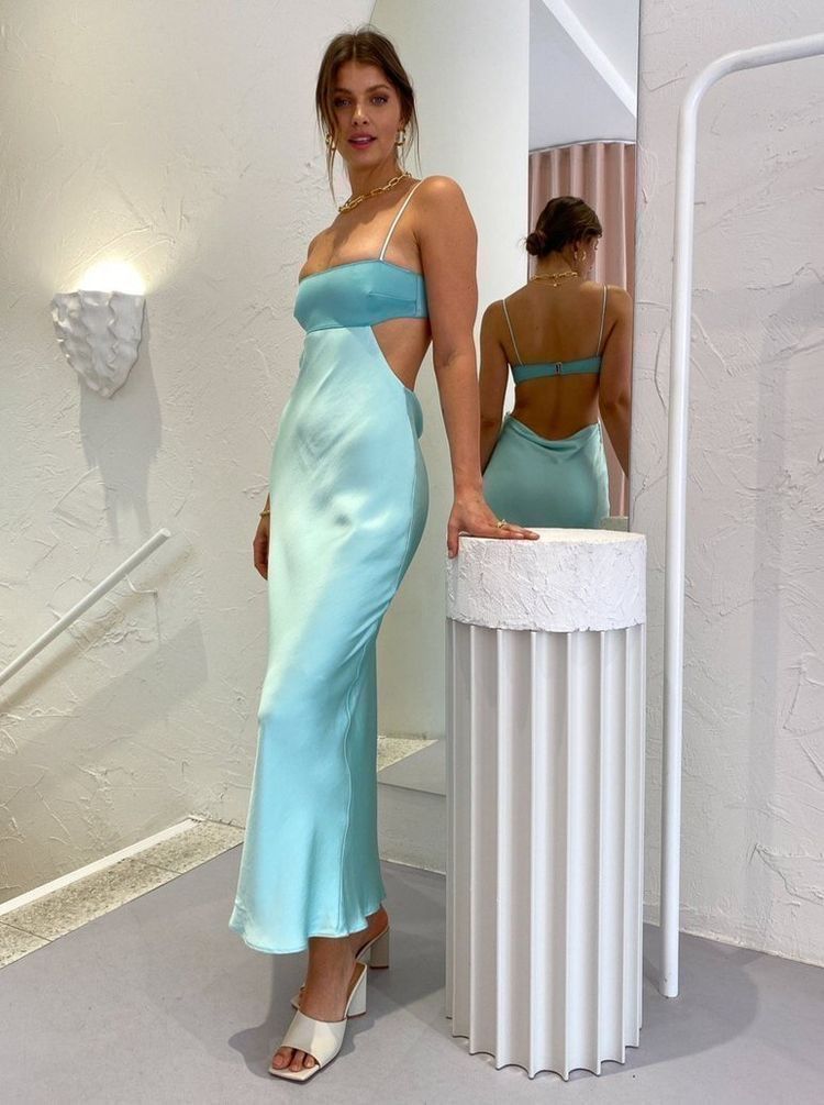 Etuikleid mit Spaghettiträgern, aquablau, formelles Satin-Abendkleid AB1556