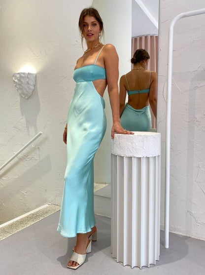 Etuikleid mit Spaghettiträgern, aquablau, formelles Satin-Abendkleid AB1556
