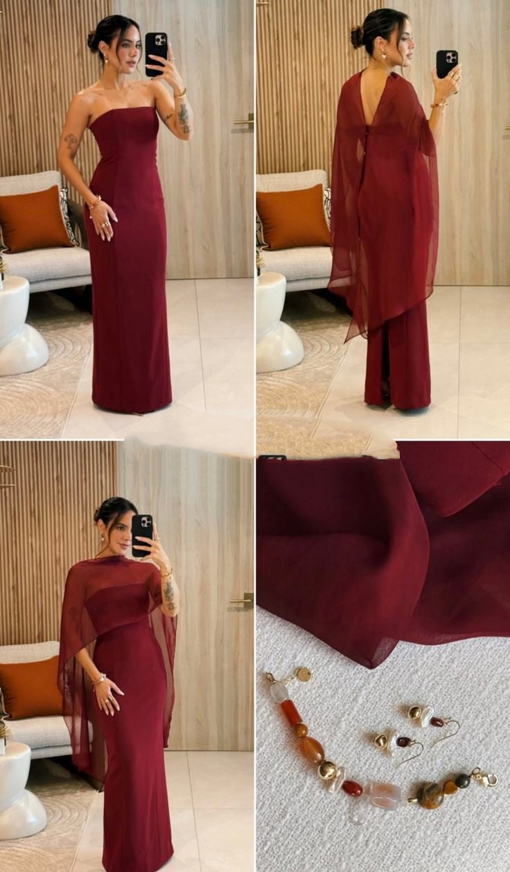 Elegantes, trägerloses, ärmelloses, burgunderrotes Chiffon-Abendkleid im Meerjungfrauenstil AB1553