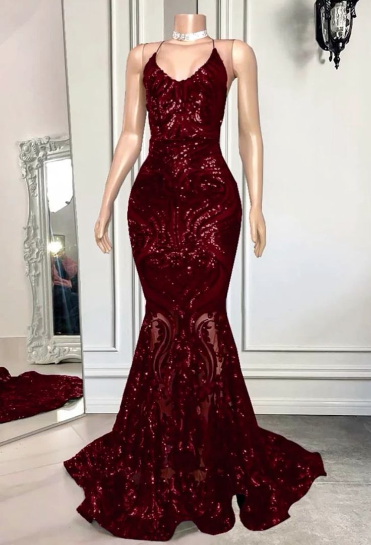 Paillettenbesetztes Meerjungfrauen-Abendkleid, bodenlang, Schnürung am Rücken, dunkelrot-burgunderfarben, Pailletten, Ballkleid AB546