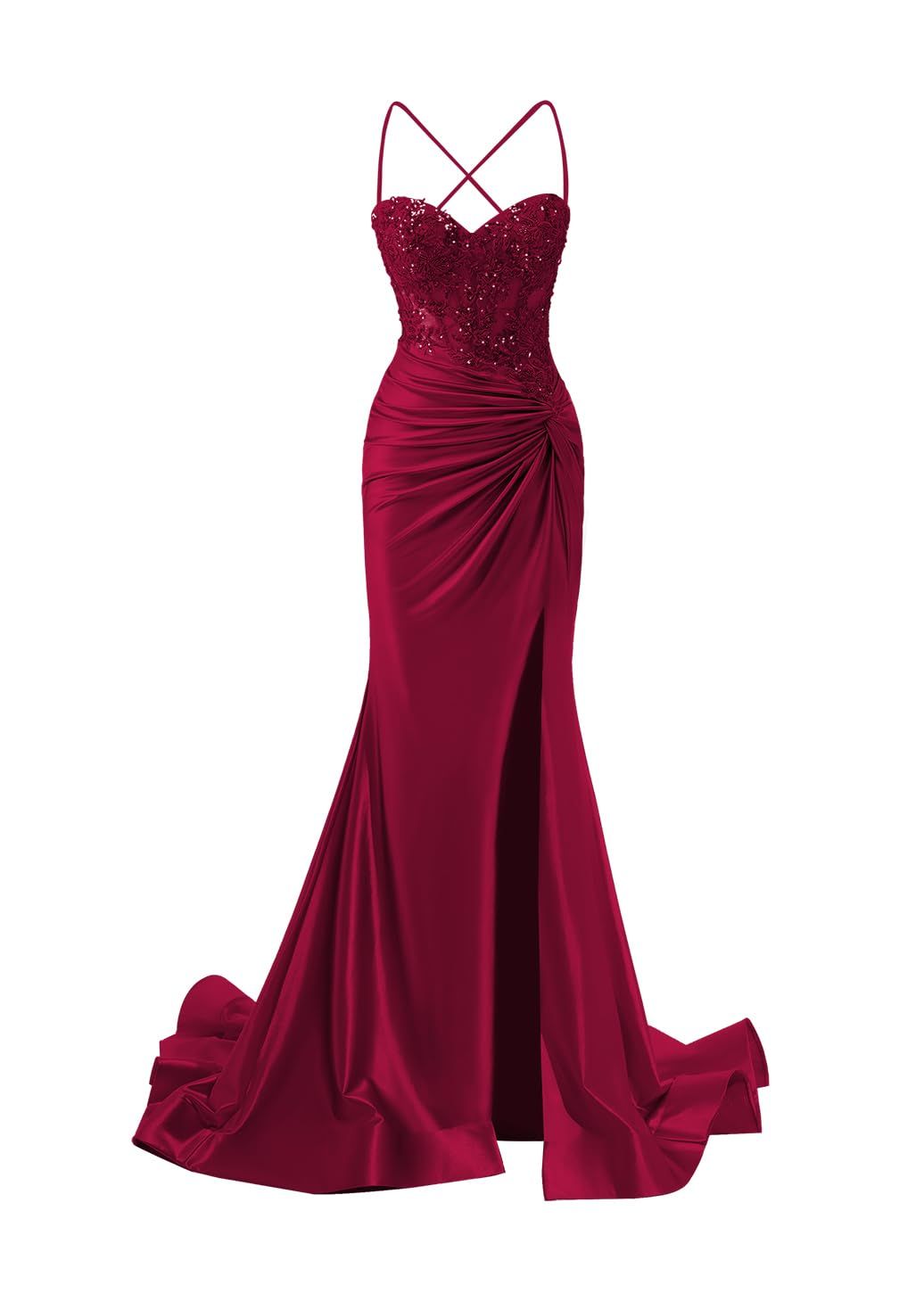 Meerjungfrauen-Abendkleid mit Spaghettiträgern für Damen, Satin-Spitzenapplikationen, gerafftes Partykleid mit Schlitz, formelles Abendkleid AB544
