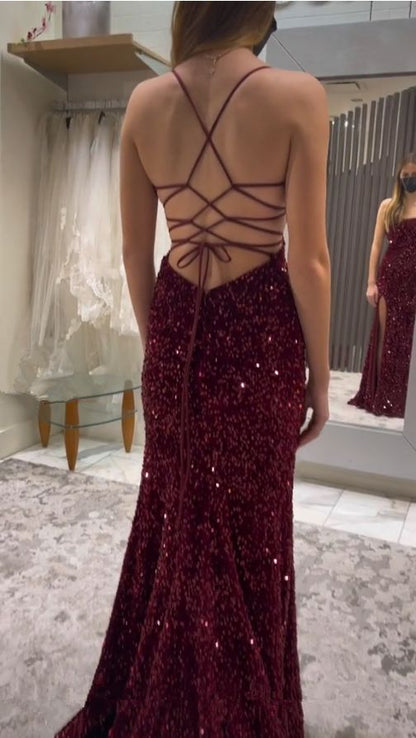 Paillettenbesetztes Meerjungfrauen-Abendkleid, bodenlang, Schnürung am Rücken, Ballkleid AB545