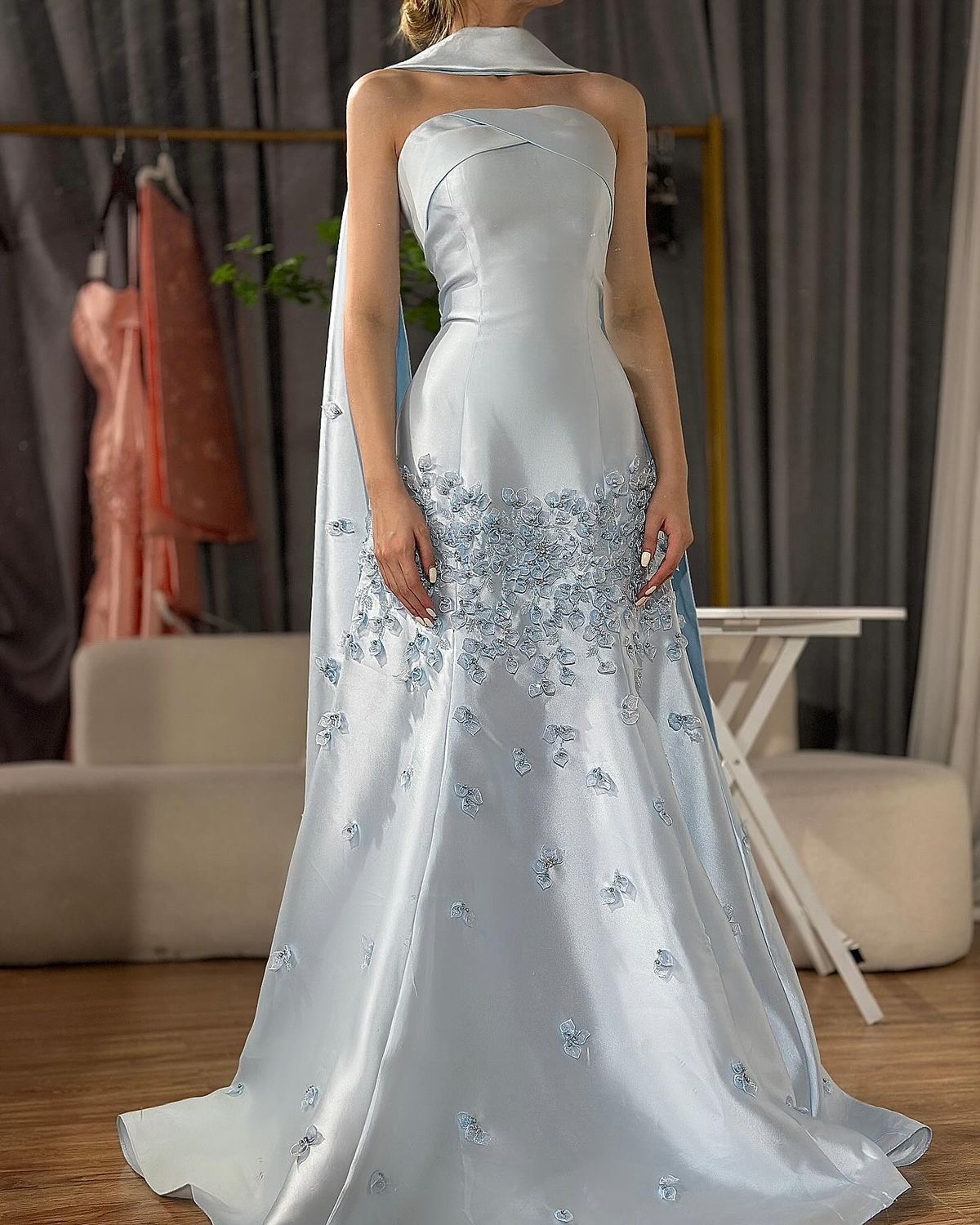 Niedliches hellblaues Meerjungfrauen-Abendkleid mit Blumenmuster, langes formelles Partykleid, Ballkleid AB1174