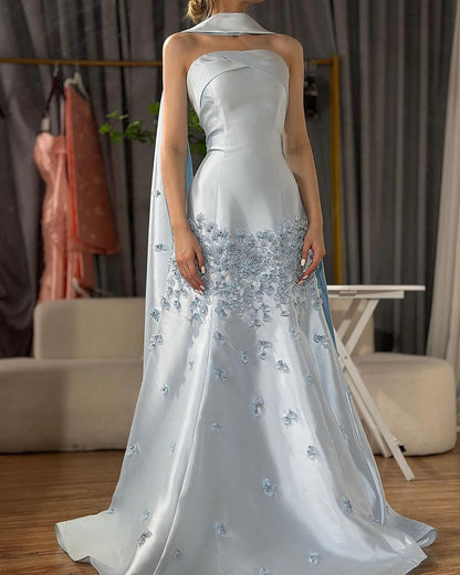 Niedliches hellblaues Meerjungfrauen-Abendkleid mit Blumenmuster, langes formelles Partykleid, Ballkleid AB1174
