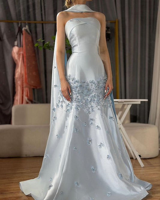 Robe de bal sirène bleue claire à fleurs, longue et élégante, AB1174