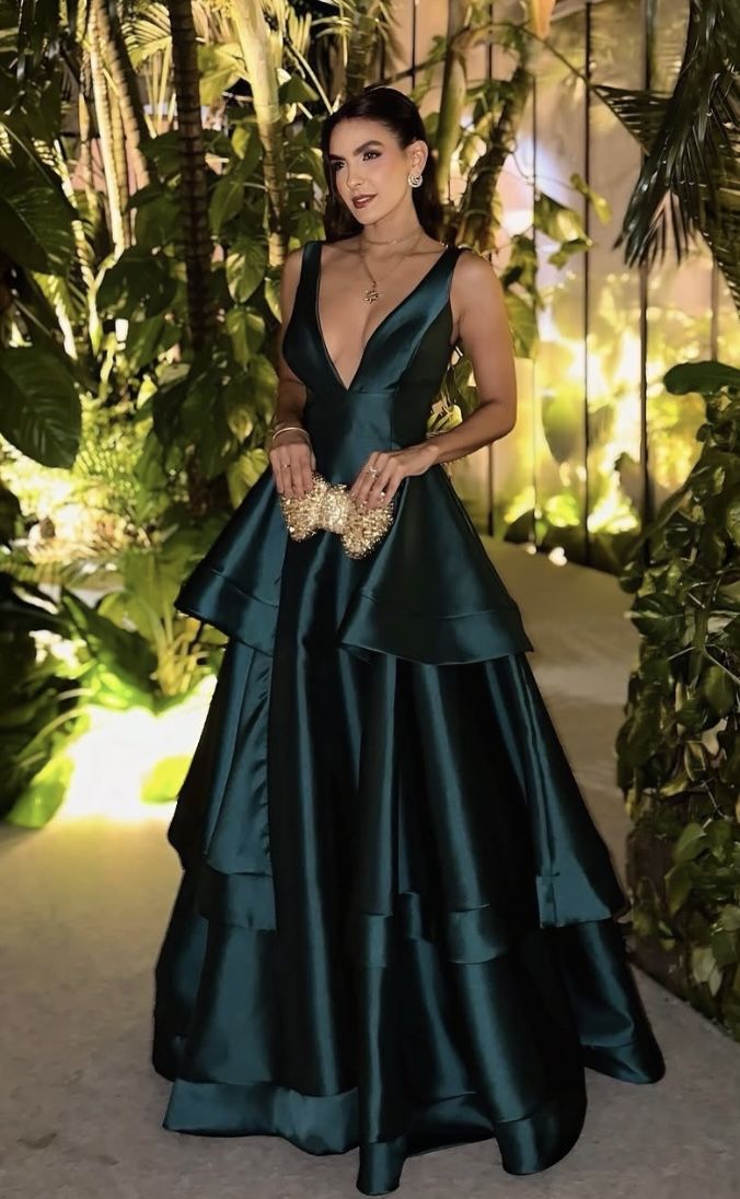 Modest A Line V Neck Dark Green Satin Prom Dresses Long for Women Ruffle Formal Evening Gown AB157