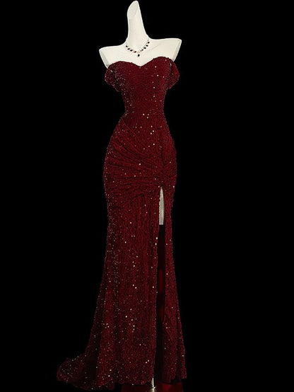 Classy Mermaid Sweetheart Red Slit Sequins Long Evening Gowns Prom Dresses AB130