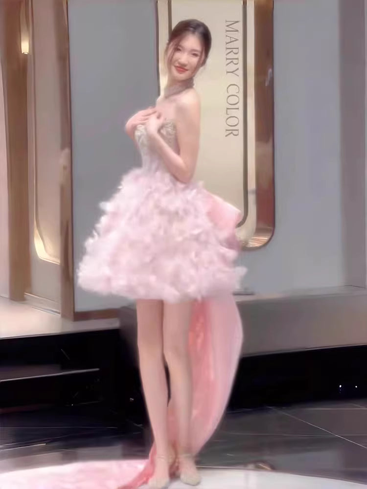 Robe de bal courte en tulle rose sans bretelles, idéale pour un 16e anniversaire, une soirée de retrouvailles ou un cocktail (AB2227)