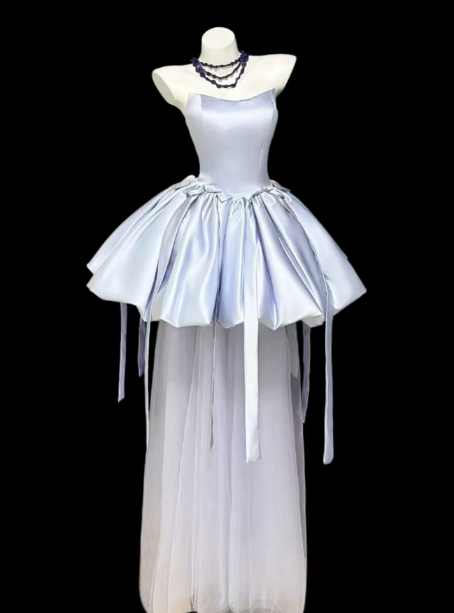 Pretty Ball Gown Strapless Light Blue Satin Senior Mini Dress Homecoming Dresses University Ideas Inspo Short Hoco Court Gowns RB7257