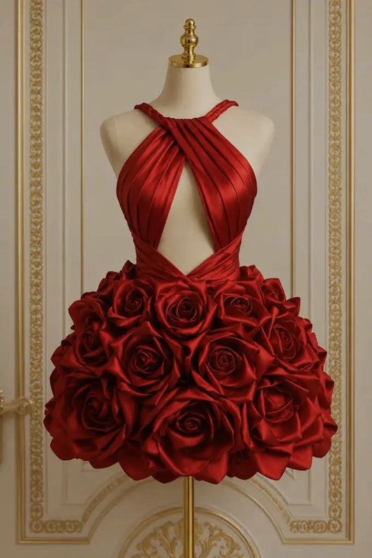 Lovely Ball Gown Hoco & Homecoming Dress Halter Burgundy Satin Short Party Dresses RB6441