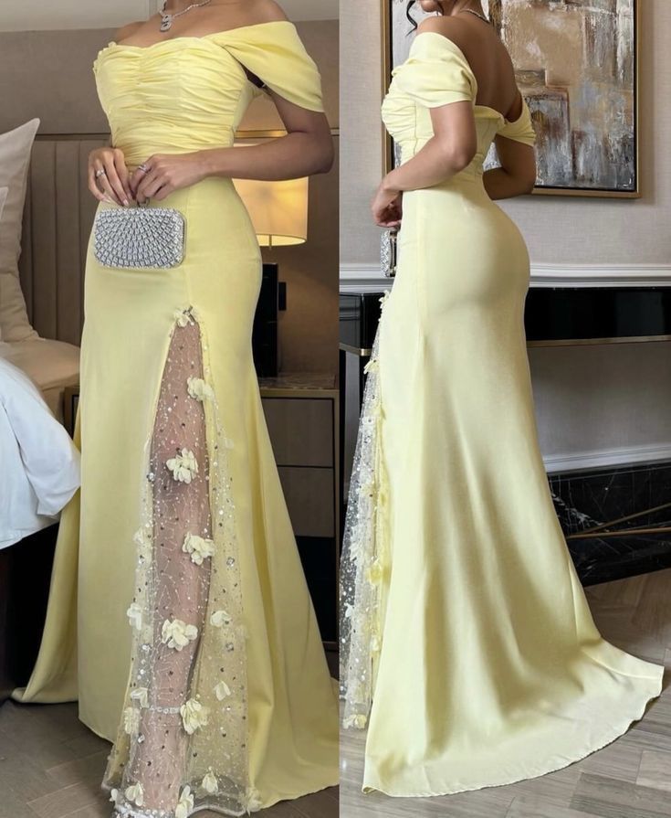 Robe de bal longue jaune sirène élégante à épaules dénudées et fente, idéale pour un 20e anniversaire (N133)